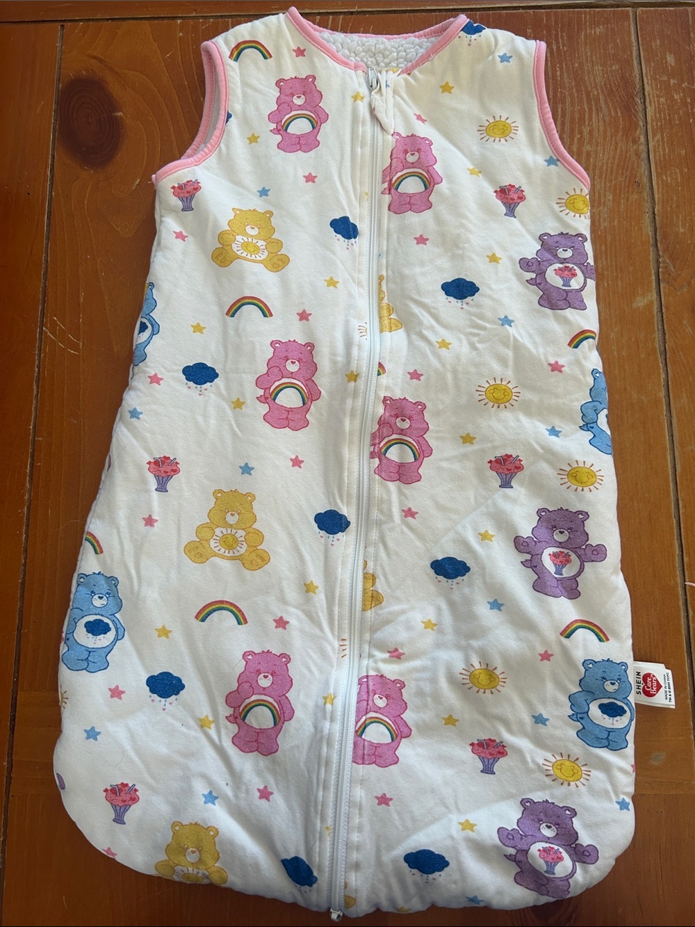 SHEIN White Sleep Sack with Pink Trim and Multicolor Care Bears